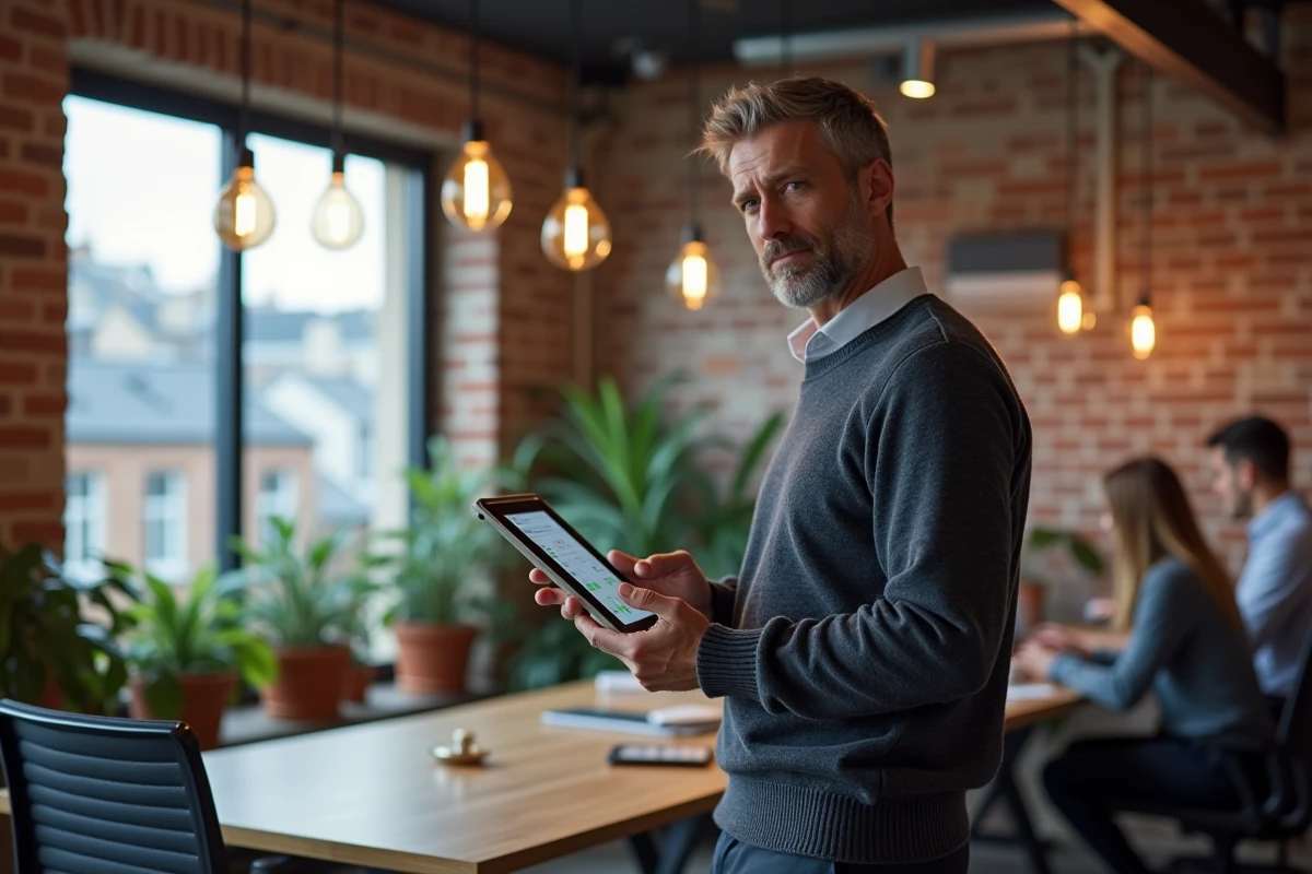 Entrepreneur parisien consultant un entonnoir de conversion data marketing sur tablette dans un coworking avec vue sur les toits de Paris
