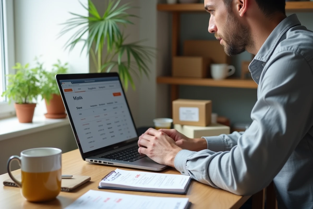 Entrepreneur e-commerce comparant les offres de transporteurs sur ordinateur portable pour optimiser ses marges de livraison