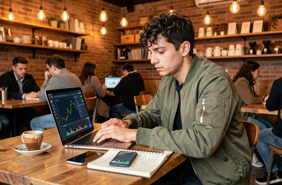 Jeune entrepreneur indépendant travaillant sur des stratégies digitales et de trading de cryptomonnaies depuis un café branché avec un ordinateur portable et des notes manuscrites