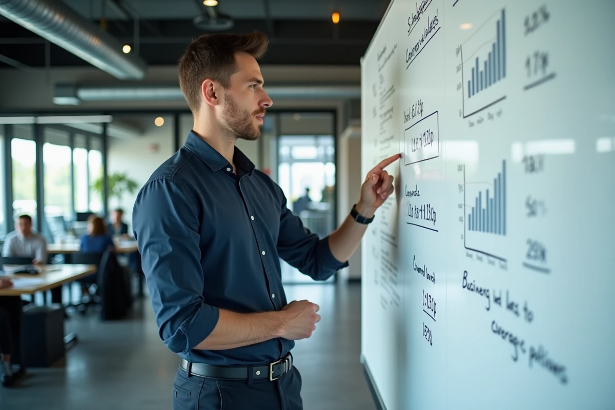 Entrepreneur en micro-entreprise analysant la croissance de son activité et ses besoins en assurance dans un espace de coworking