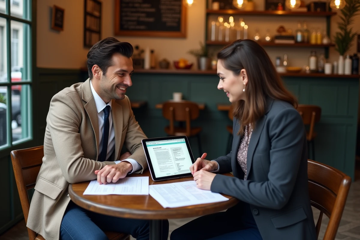 Deux entrepreneurs discutant de leur projet de création d'entreprise autour d'un site administratif français dans un café parisien
