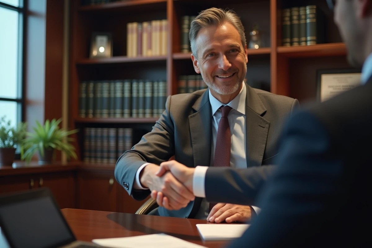 Professionnel de la conformité lors d'un entretien dans un bureau exécutif, serrant la main d'un recruteur spécialisé en agence de staffing compliance