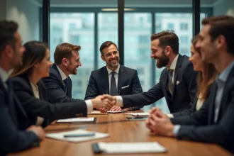 Groupe de collègues se serrant la main chaleureusement