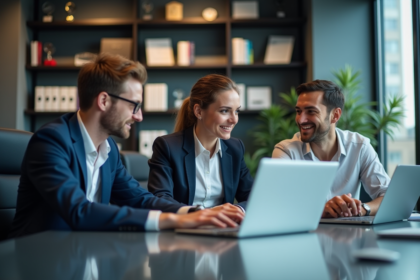 Equipe de cybersécurité en réunion dans un bureau moderne