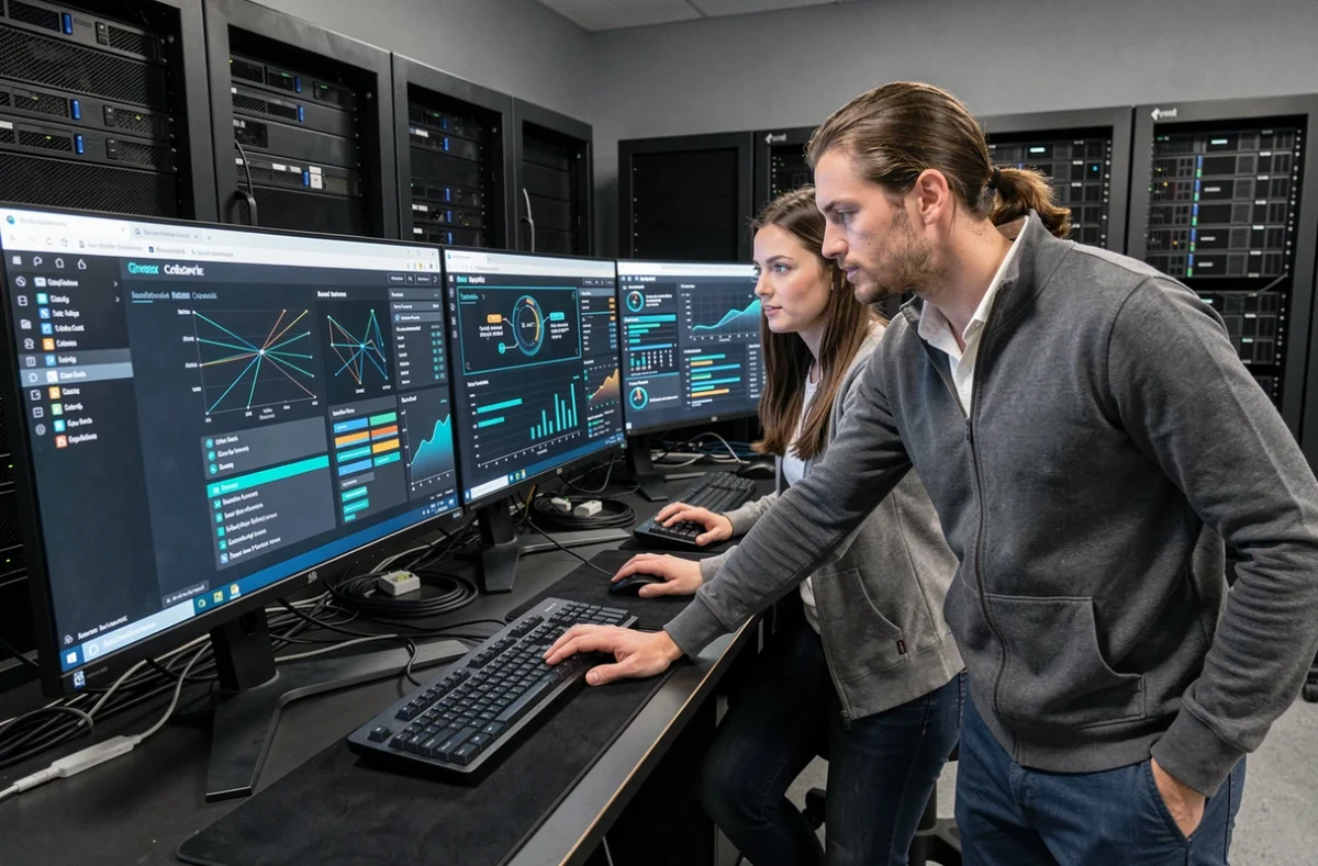 Équipe de cybersécurité analysant des protocoles de communication chiffrée sur des tableaux de bord réseau dans un centre opérationnel