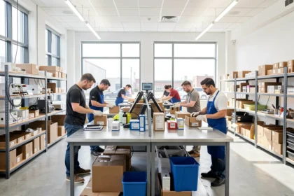Équipe d'une entreprise adaptée au travail dans un atelier lumineux