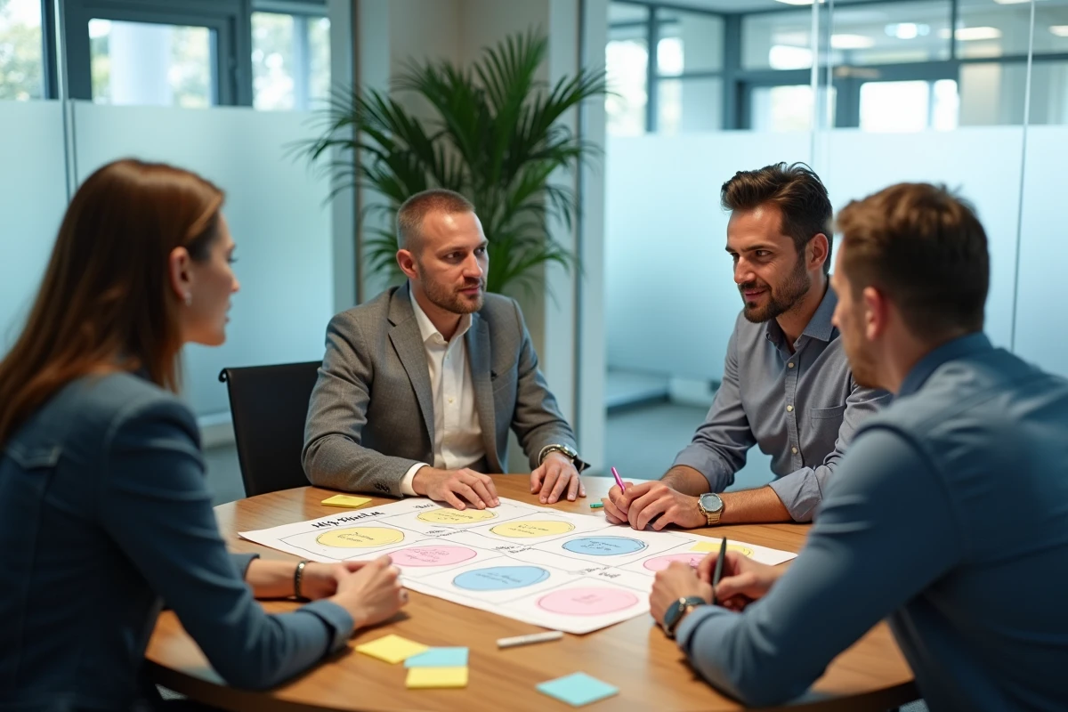 Équipe de PME collaborant autour d'un poster de méthode stratégique Why What How en salle de réunion