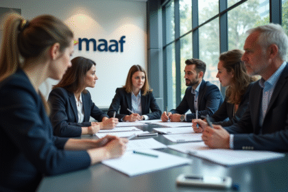 Groupe de professionnels dans un bureau moderne avec logo MAAF