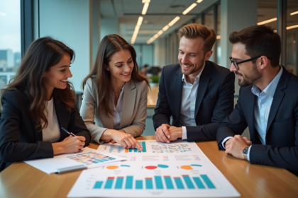 Groupe de professionnels discutant stratégie marketing en réunion