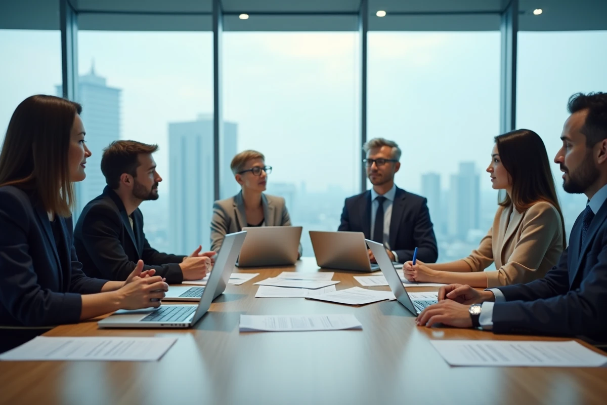 Équipe RH en réunion de travail autour d'une table de conférence pour discuter des évolutions du logiciel DeskRH