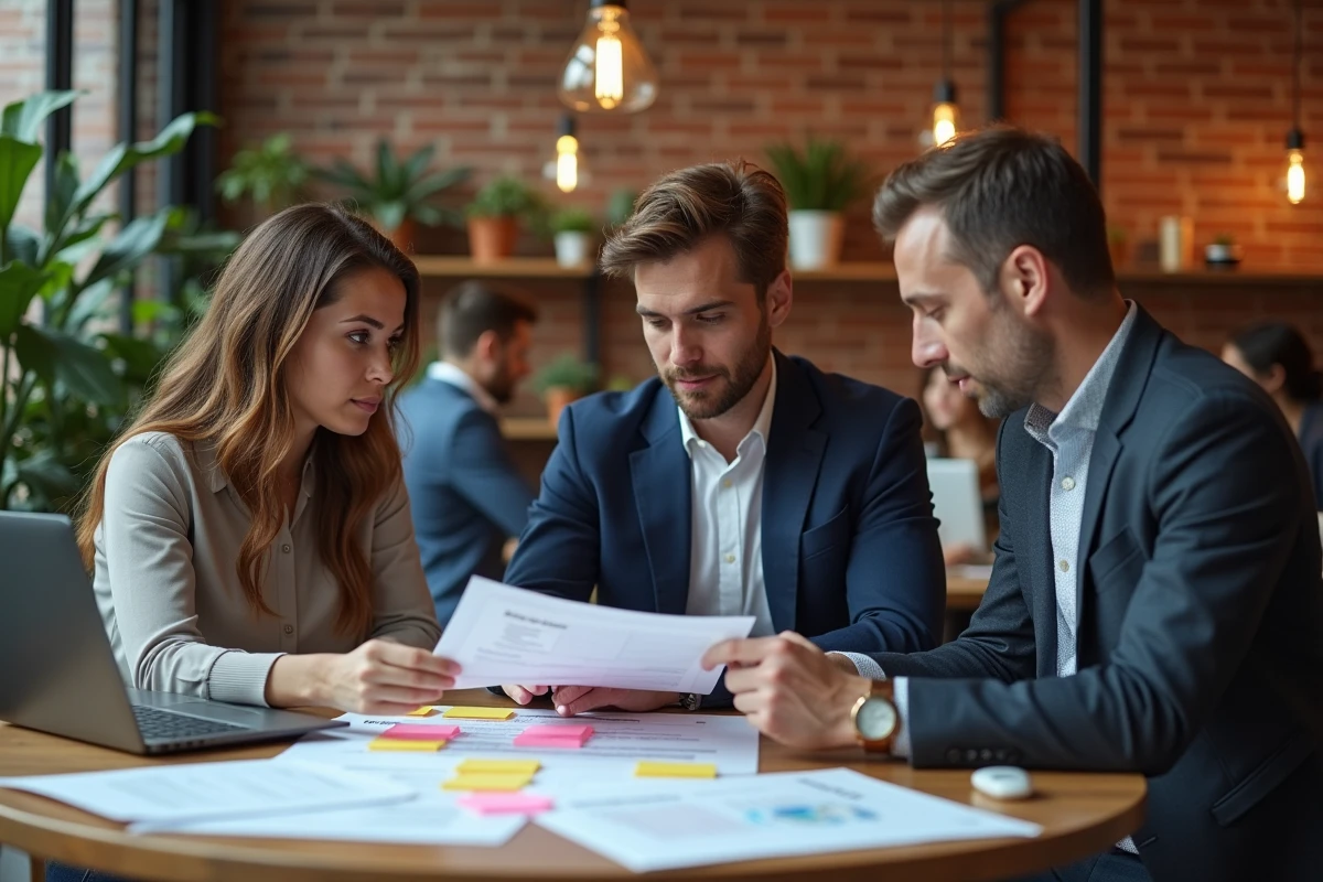 Équipe de professionnels collaborant sur une stratégie de domaines dans un espace de coworking