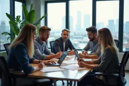 Groupe de collaborateurs au bureau avec table et tablettes