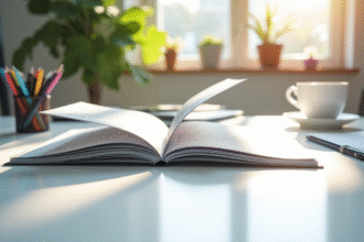 Espace de travail créatif avec brochure élégante sur bureau blanc