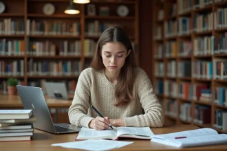 Étudiante en économie prenant des notes sur le secteur tertiaire dans une bibliothèque universitaire