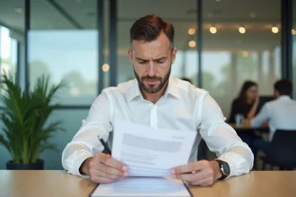 Un homme d'affaires en chemise blanche examine attentivement un contrat d'entreprise avant de signer