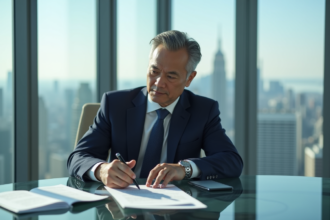 Homme d'affaires en costume navy dans un bureau moderne