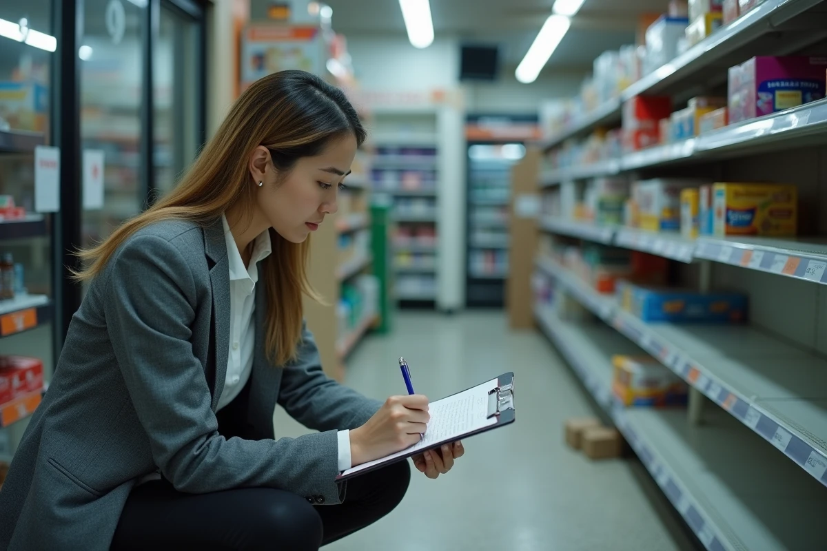 Experte en assurance inspectant les dégâts après un vol dans un commerce de proximité