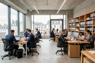 Vue d'ensemble d'un cabinet d'expertise comptable moderne à Rennes avec des professionnels au travail