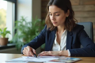 Jeune femme d'affaires examine des cartes de visite dans un espace moderne