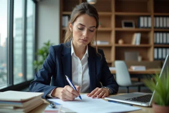 Femme d'affaires examinant des documents officiels de protection de la propriété intellectuelle à l'INPI dans un bureau moderne