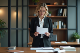 Femme d'affaires lisant un document dans un bureau moderne