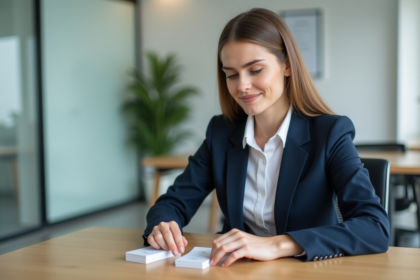 Jeune femme d'affaires arrangeant des cartes de visite