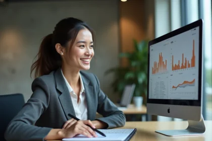 Femme professionnelle analysant des statistiques sur un écran