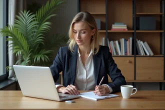 Femme en blazer et jeans travaillant à la maison