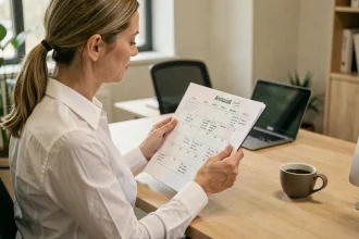 Femme au bureau consultant un calendrier annuel de jours travaillés et jours ouvrés pour 2026
