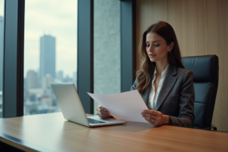 Femme professionnelle en bureau urbain en pleine réflexion