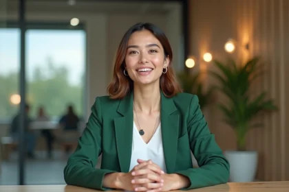 Femme en blazer vert parlant en vidéo dans un bureau moderne