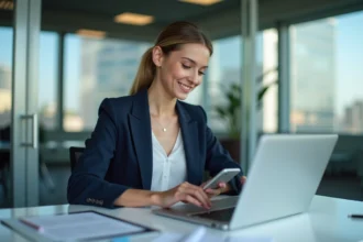 Femme professionnelle en bureau moderne avec ordinateur