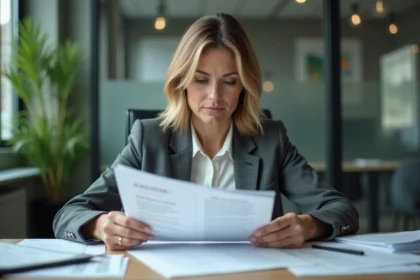 Femme d affaires examine des memos RH dans son bureau