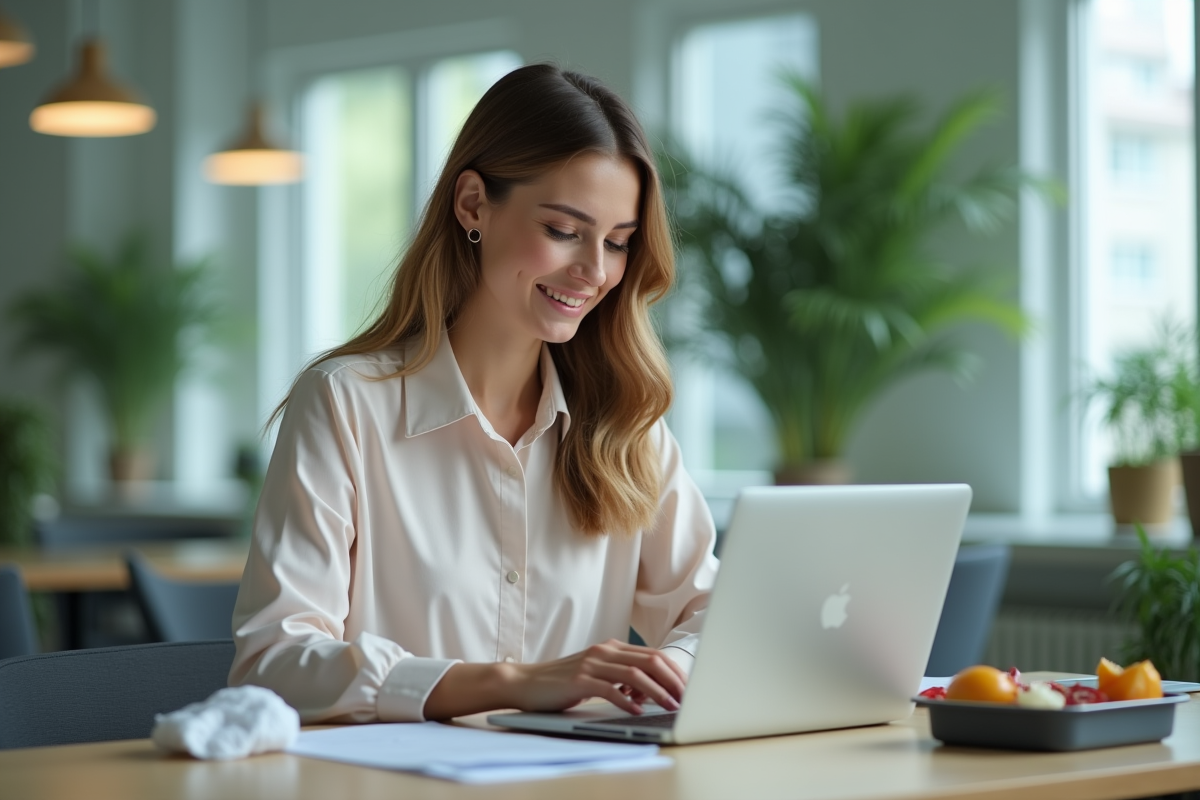 Femme au bureau saisissant ses dépenses sur ordinateur