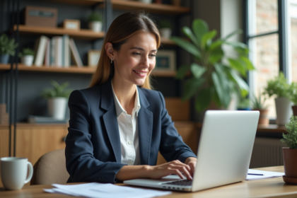 Femme professionnelle travaillant sur son ordinateur dans un bureau moderne