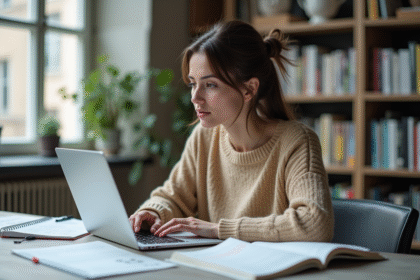 Femme française travaillant sur son ordinateur dans un bureau moderne