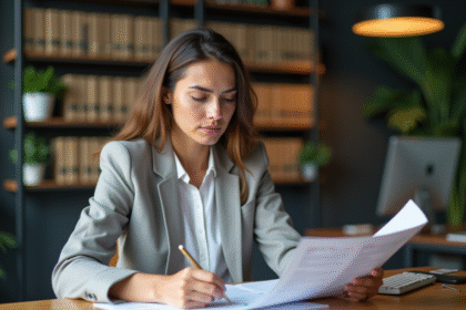 Femme concentrée examinant des documents de brevets dans un bureau