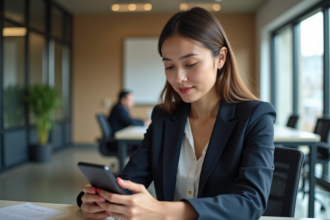 Femme en bureau moderne tenant son smartphone professionnel