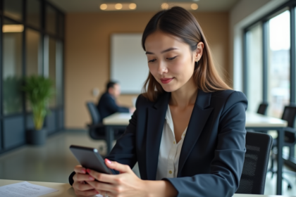 Femme en bureau moderne tenant son smartphone professionnel