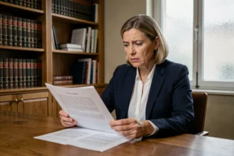 Femme cadre consultant des documents juridiques sur le licenciement discriminatoire dans un bureau d'avocat