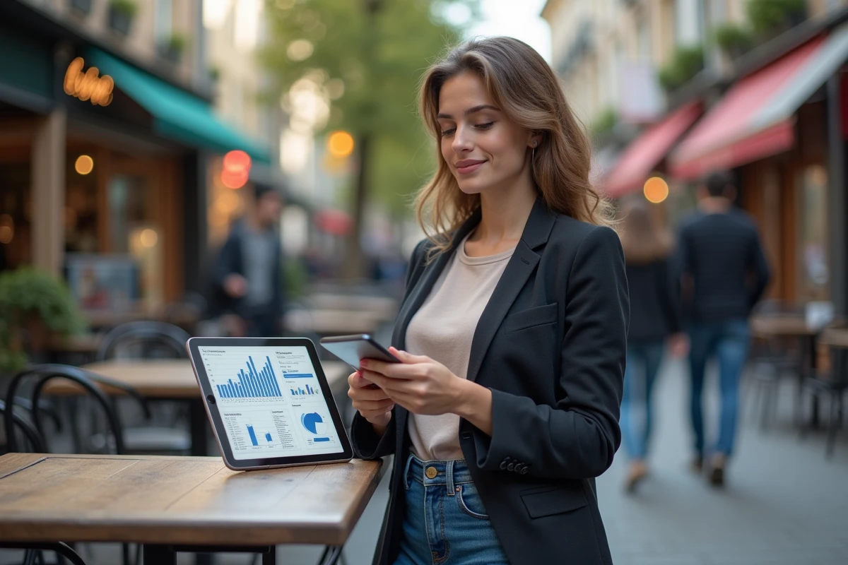 Jeune femme analysant des données en extérieur