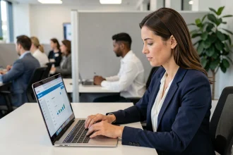 Femme professionnelle connectée à son compte ADP Mon ADP sur un ordinateur portable au bureau
