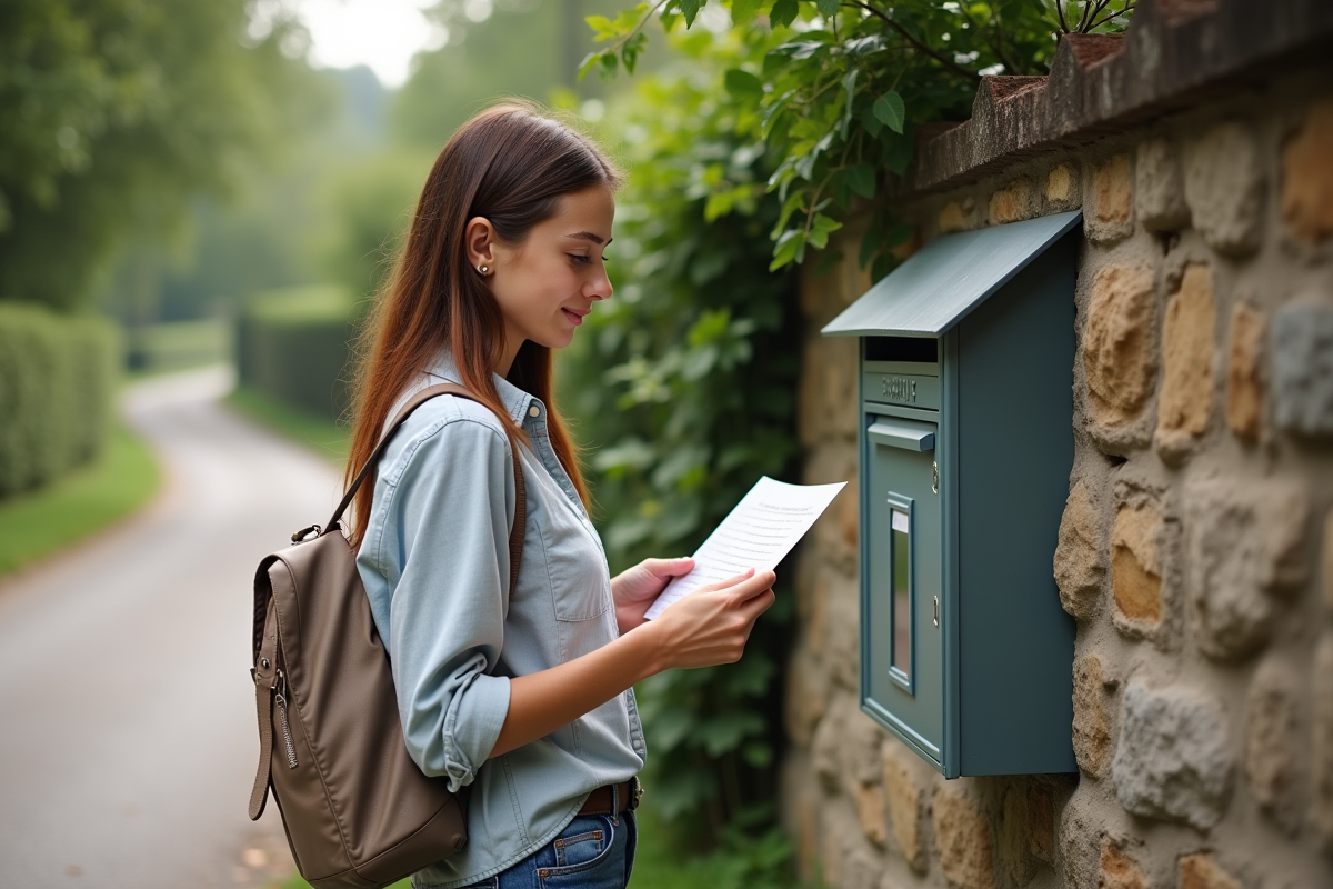 Jeune femme française examinant un courrier à la campagne