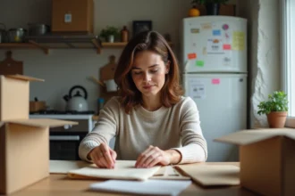 Femme en train de plier du packaging dans une cuisine modeste