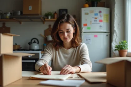 Femme en train de plier du packaging dans une cuisine modeste