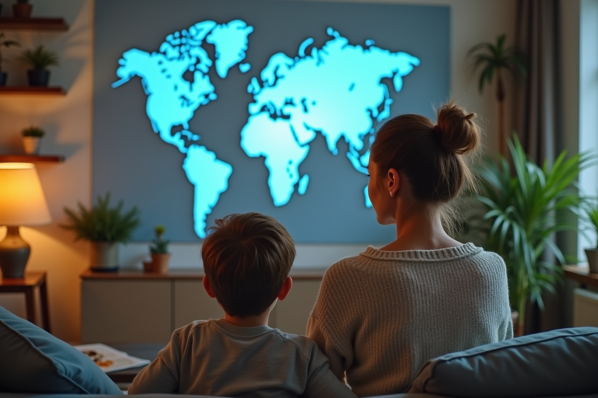 Femme et adolescent regardant une carte du monde dans une maison écologique