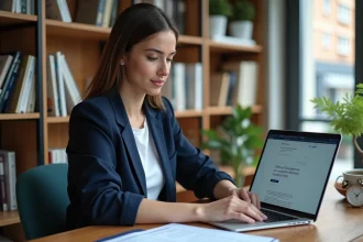 Femme entrepreneur consultant le site creez-votre-entreprise.fr sur son ordinateur portable dans un bureau à domicile moderne