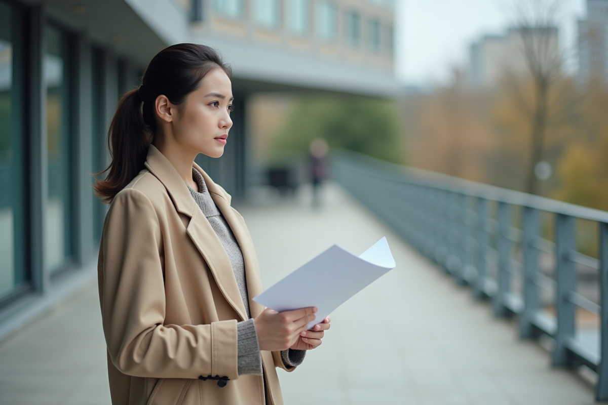 Jeune femme tenant un document devant une institution urbaine