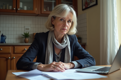 Femme française concentrée avec documents et ordinateur