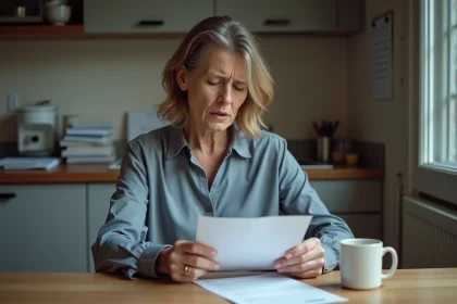 Femme inquiète regardant une lettre Pôle emploi